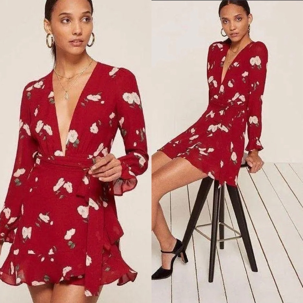 Reformation Whitby Floral Wrap Long‎ Sleeve Mini Dress in Opal